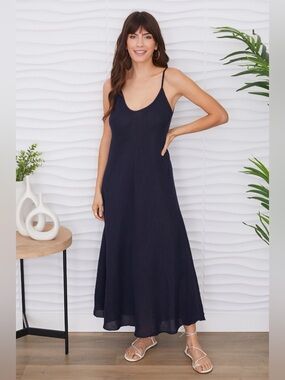 (23.2237-NAVY) ITALIAN LINEN MAXI V-NECK DRESS